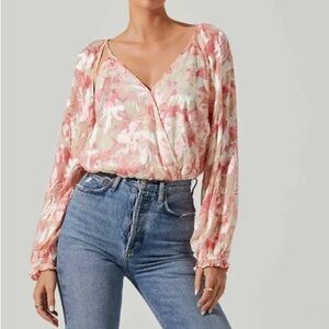 Astr Pink and White Wrap Blouse with Long Sleeves NWT